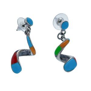 Vintage PJ Sterling Silver 925 Multi Stone Inlay Spiral Dangle Post Earrings